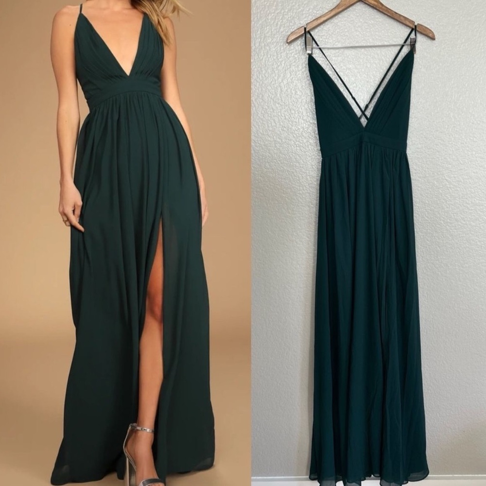 Lulu's Deep Green Plunge V-Neck Maxi Dress